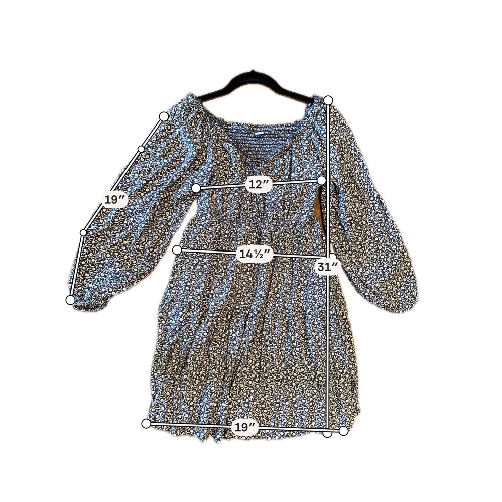Boho Floral Smocked Dress Womens Small Blue Peasant Cottagecore Pockets - Picture 6 of 8